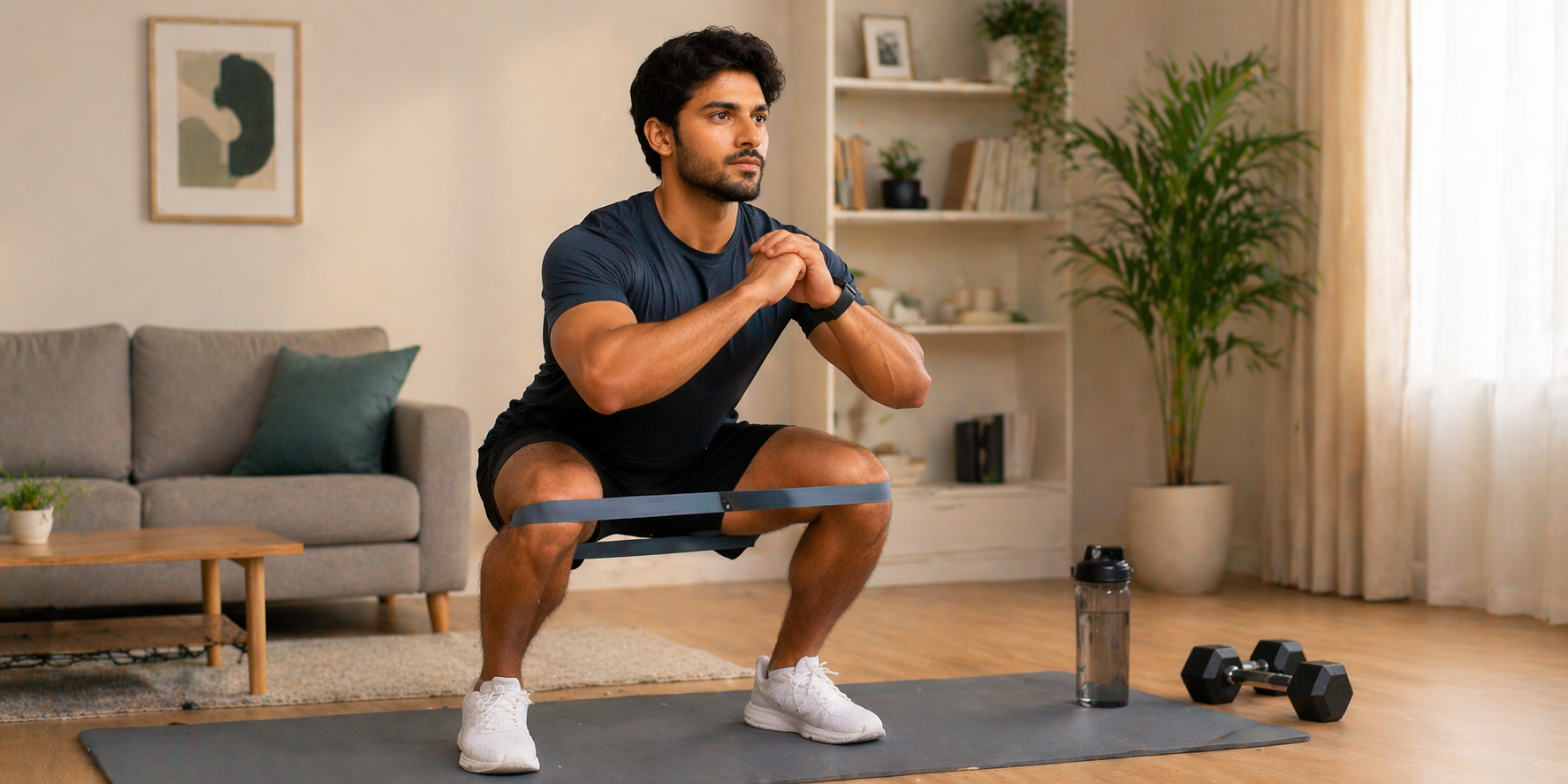 Man exercising with resistance bands in a living room setting