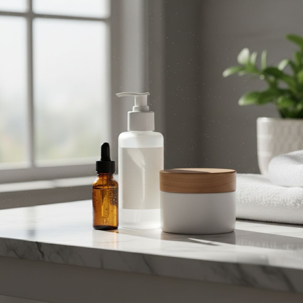 Cosmetic bottles on a marble surface with a blurred background