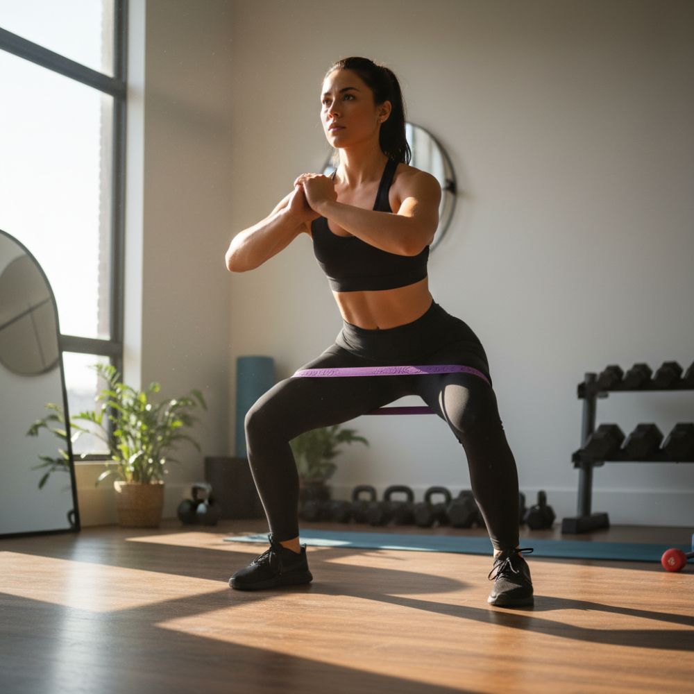 Woman exercising with resistance bands in a gym setting