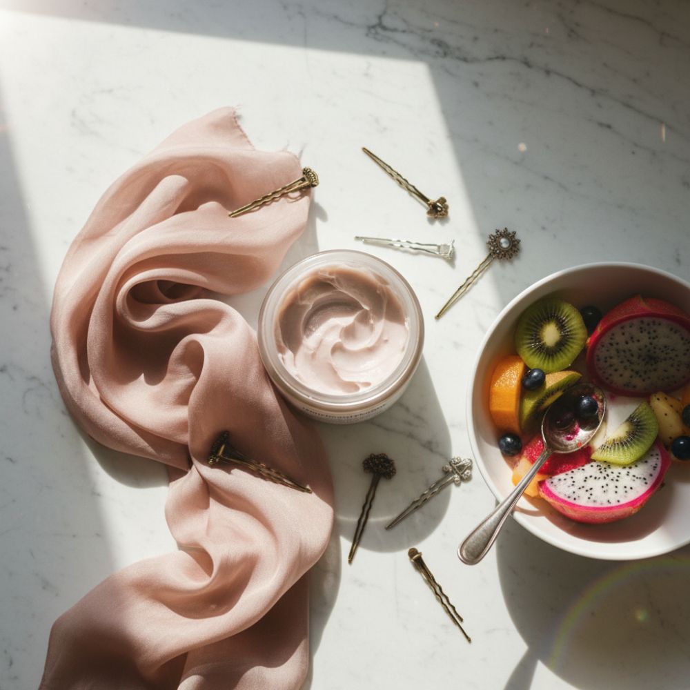 Pink hair towel, jar of cream, and bowl of fruit on a marble surface with hair accessories.