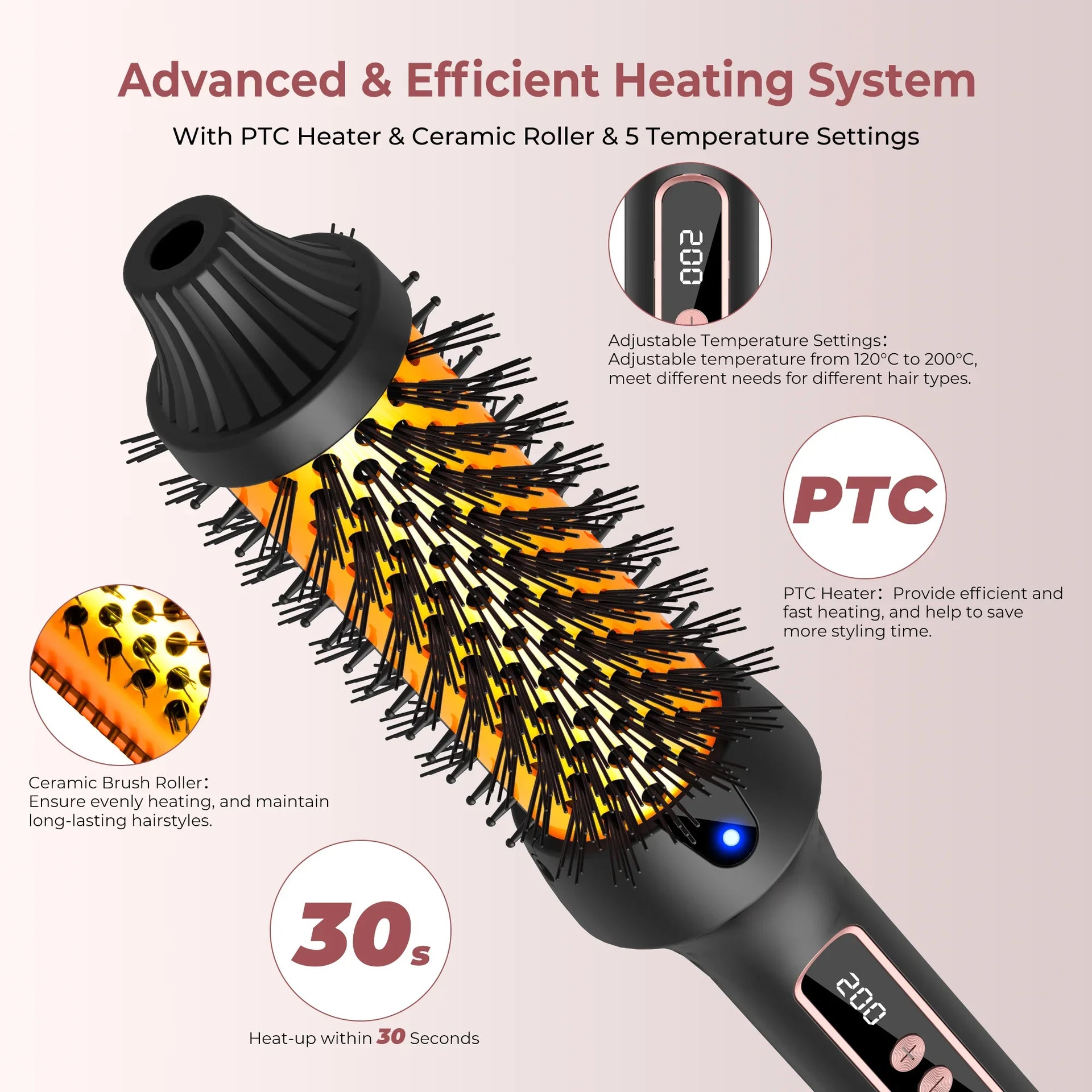 3-in-1 Thermal Ionic Heated Round Hair Brush Curler Styler