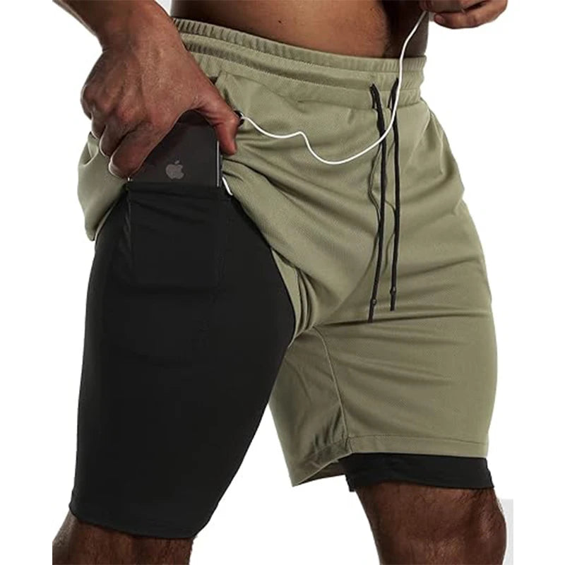 Men’s 2-in-1 Sport Shorts Double Layer Running Gym Fitness