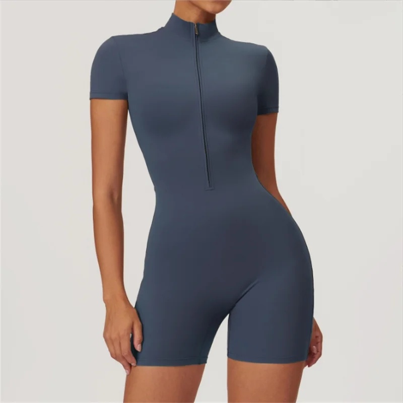 Nude One-Piece Yoga Jumpsuit Stand Collar Half Zipper Fitness