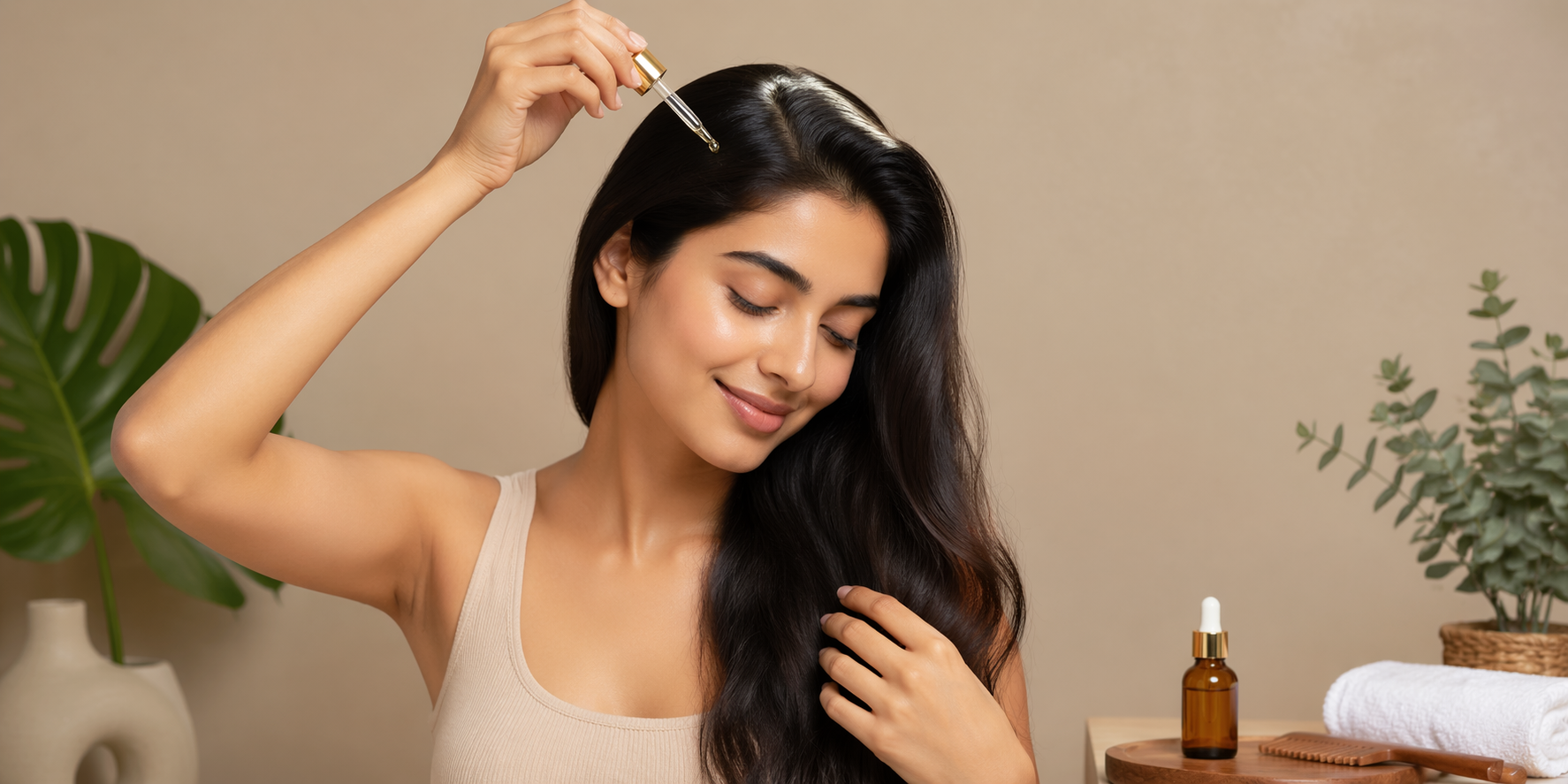 Woman applying hair oil to her hair with a dropper, surrounded by plants and a towel on a table.