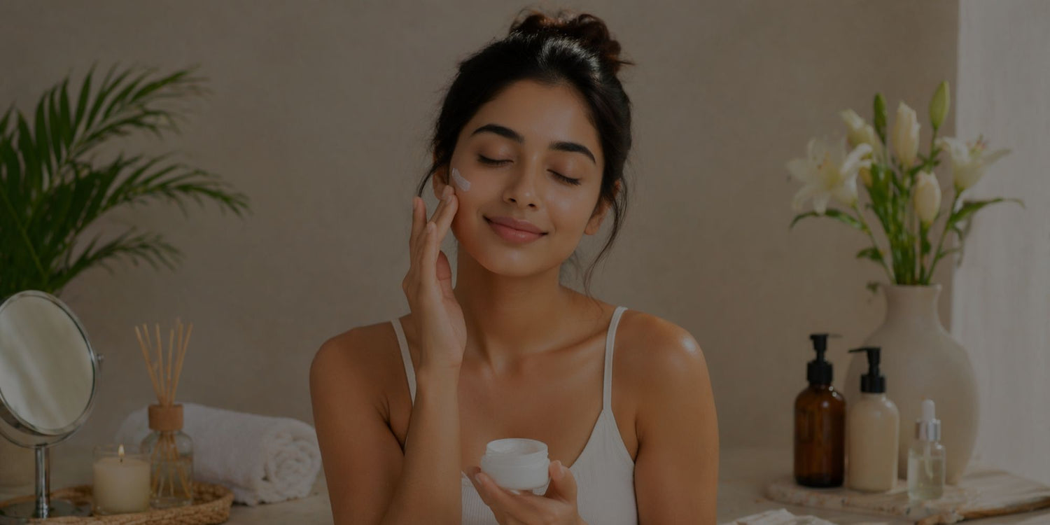 Woman applying cream to her face with a serene expression, surrounded by skincare products and plants.