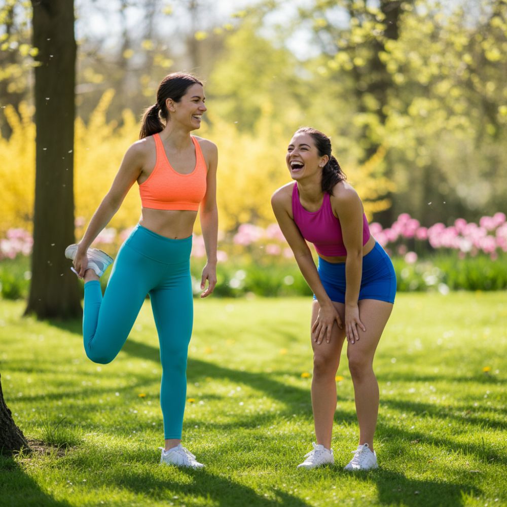 Two women exercising outdoors in a park with trees and flowers in the background