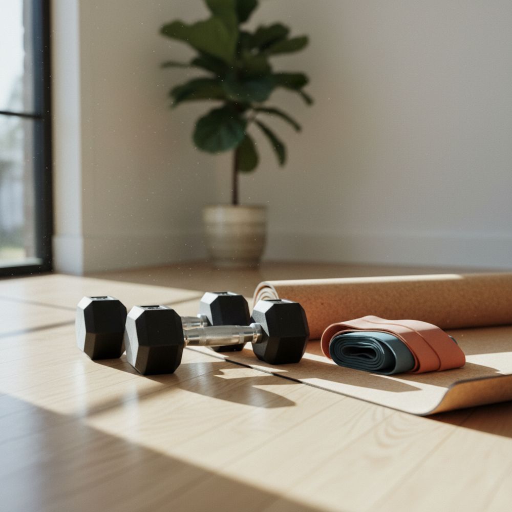Yoga mat, dumbbells, and yoga block on a wooden floor with a plant in the background.