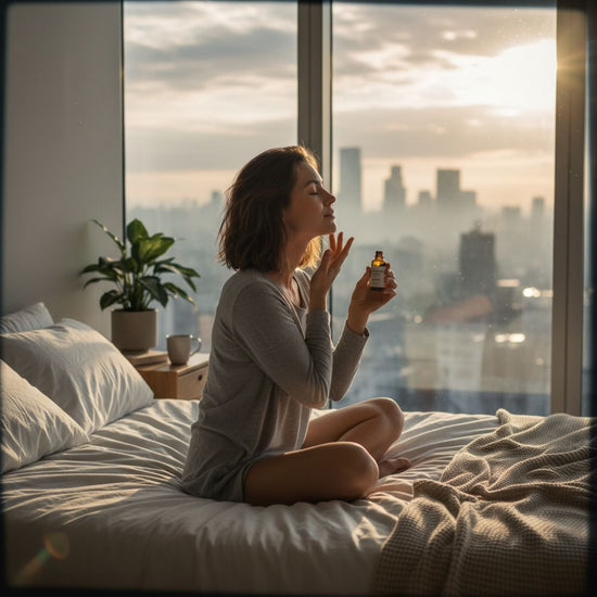 Woman sitting on a bed holding a bottle, with a cityscape view through large windows.